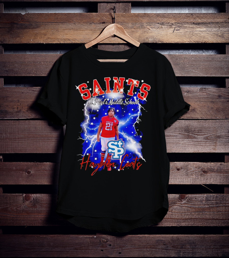 Saints St Paul’s Middle School Football Hayden Coats 21 Lightning Background T-Shirt