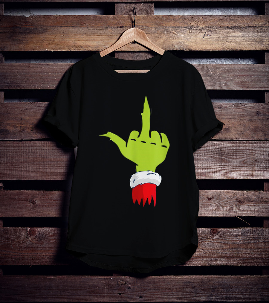 Grinch Middle Finger Merry Christmas Santa Hand Gesture T-Shirt