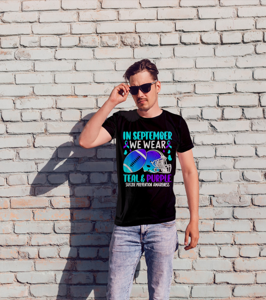 In September We Wear Teal Purple Suicide Prevention Awareness Football Helmet T-Shirt