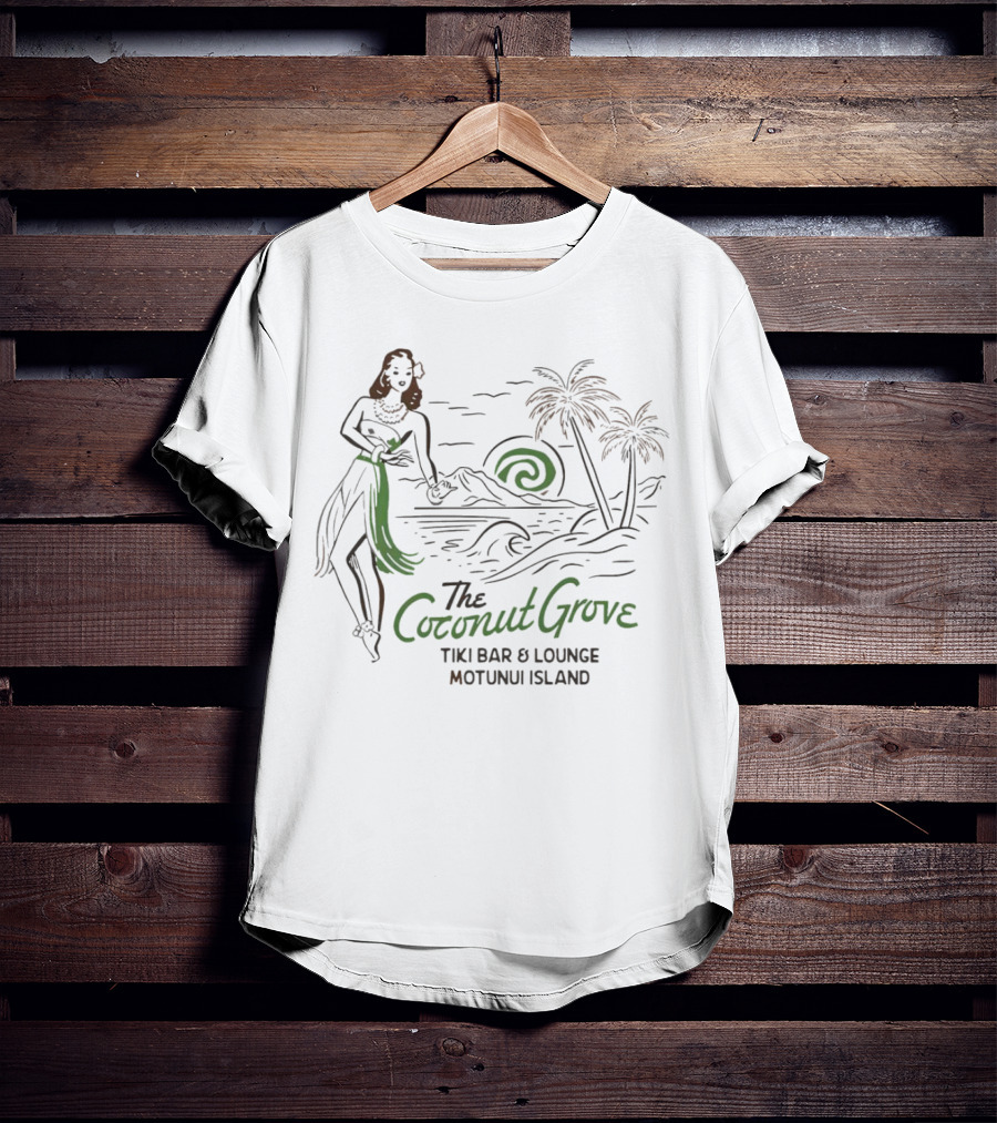 The Coconut Grove Tiki Bar And Lounge Motunui Island Woman With Palm Trees And Waves T-Shirt