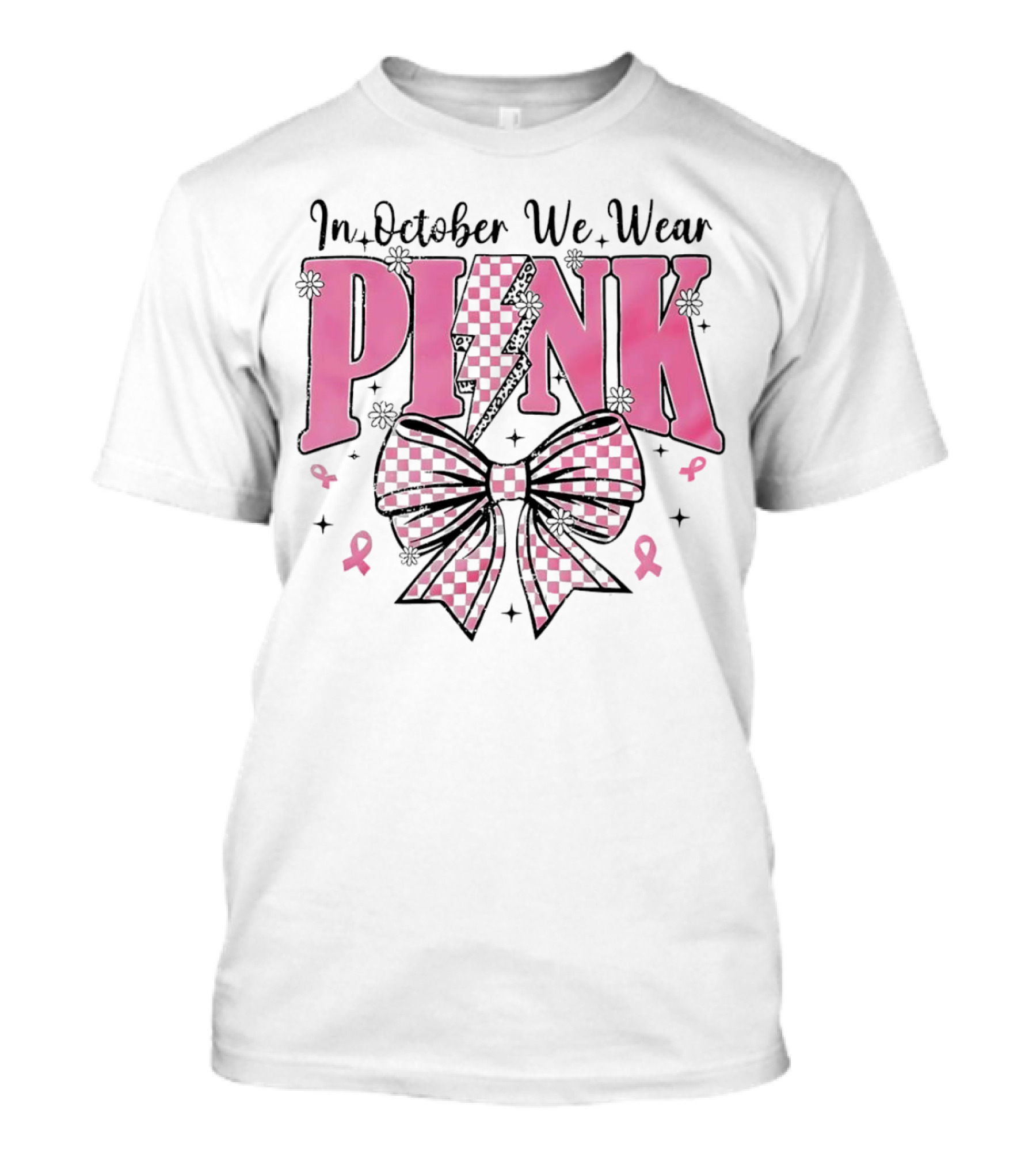 In October We Wear Pink Checkered Bow Lightning T-Shirt