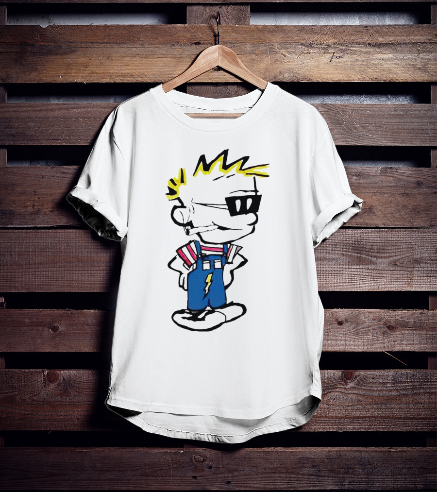Calvin And Hobbes Spaceman Spiff Lightning Overalls Yellow Hair Sunglasses T-Shirt