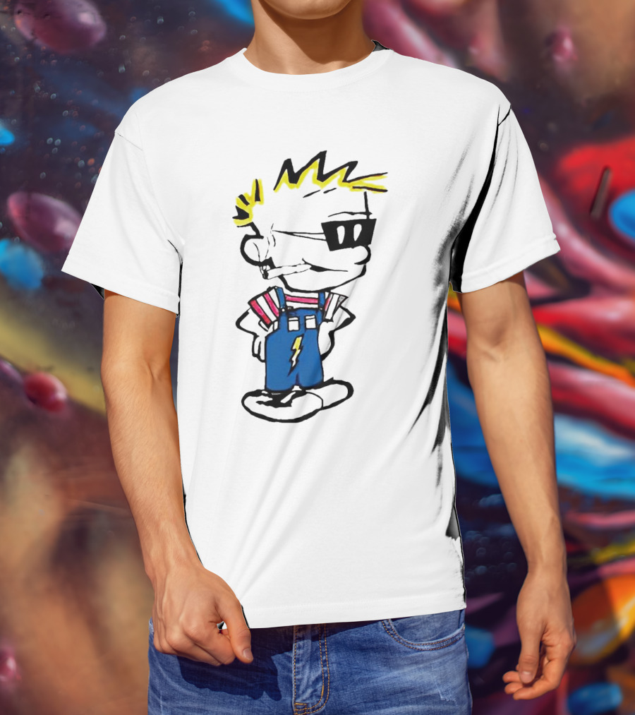 Calvin And Hobbes Spaceman Spiff Lightning Overalls Yellow Hair Sunglasses T-Shirt