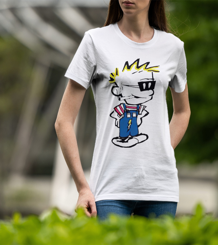 Calvin And Hobbes Spaceman Spiff Lightning Overalls Yellow Hair Sunglasses T-Shirt