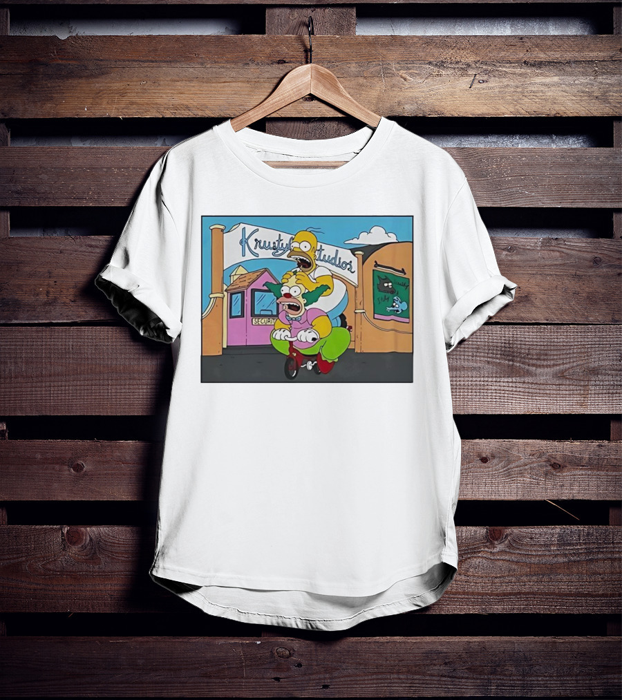 Krustyland Studios With Homer And Krusty The Clown On Bicycle From The Simpsons T-Shirt