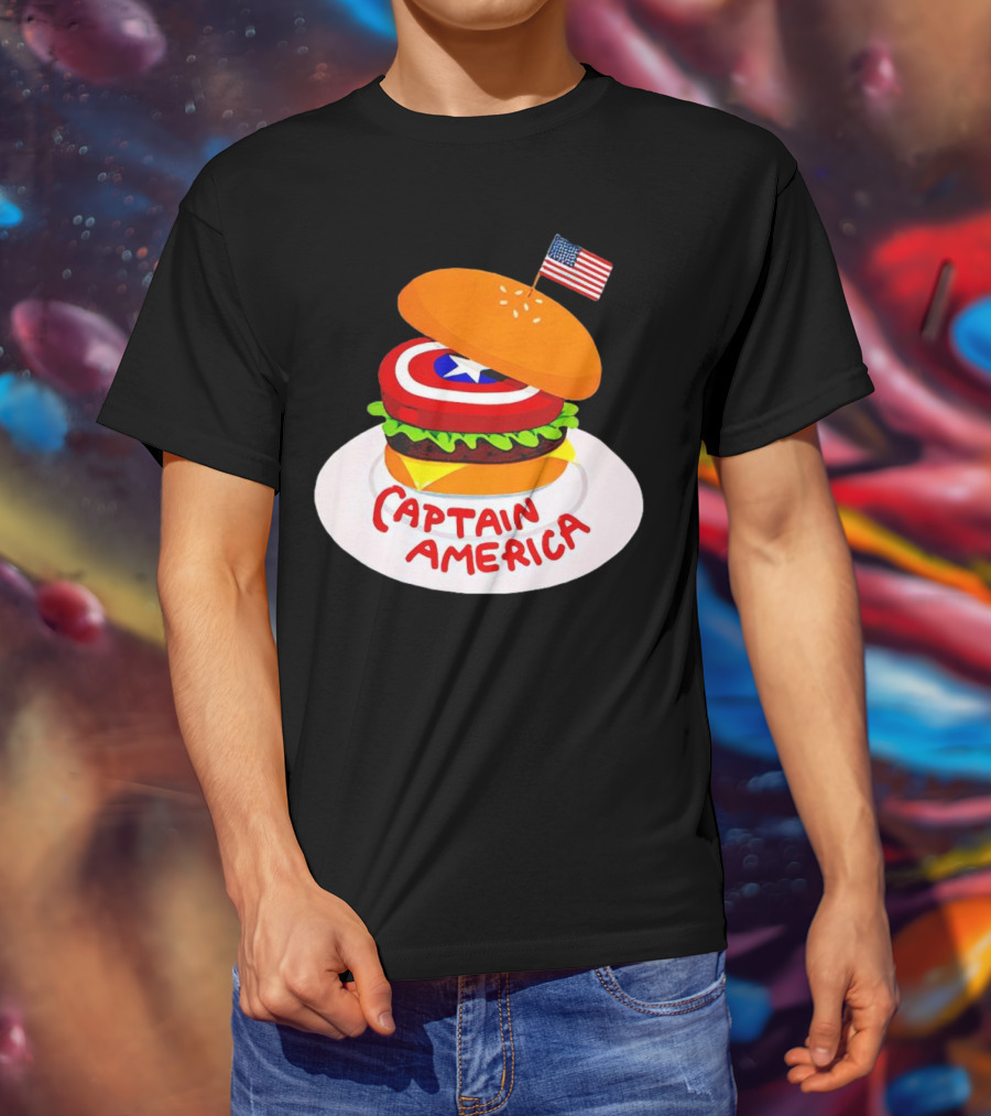 Captain America Burger With Flag And Shield Lettuce Bun T-Shirt
