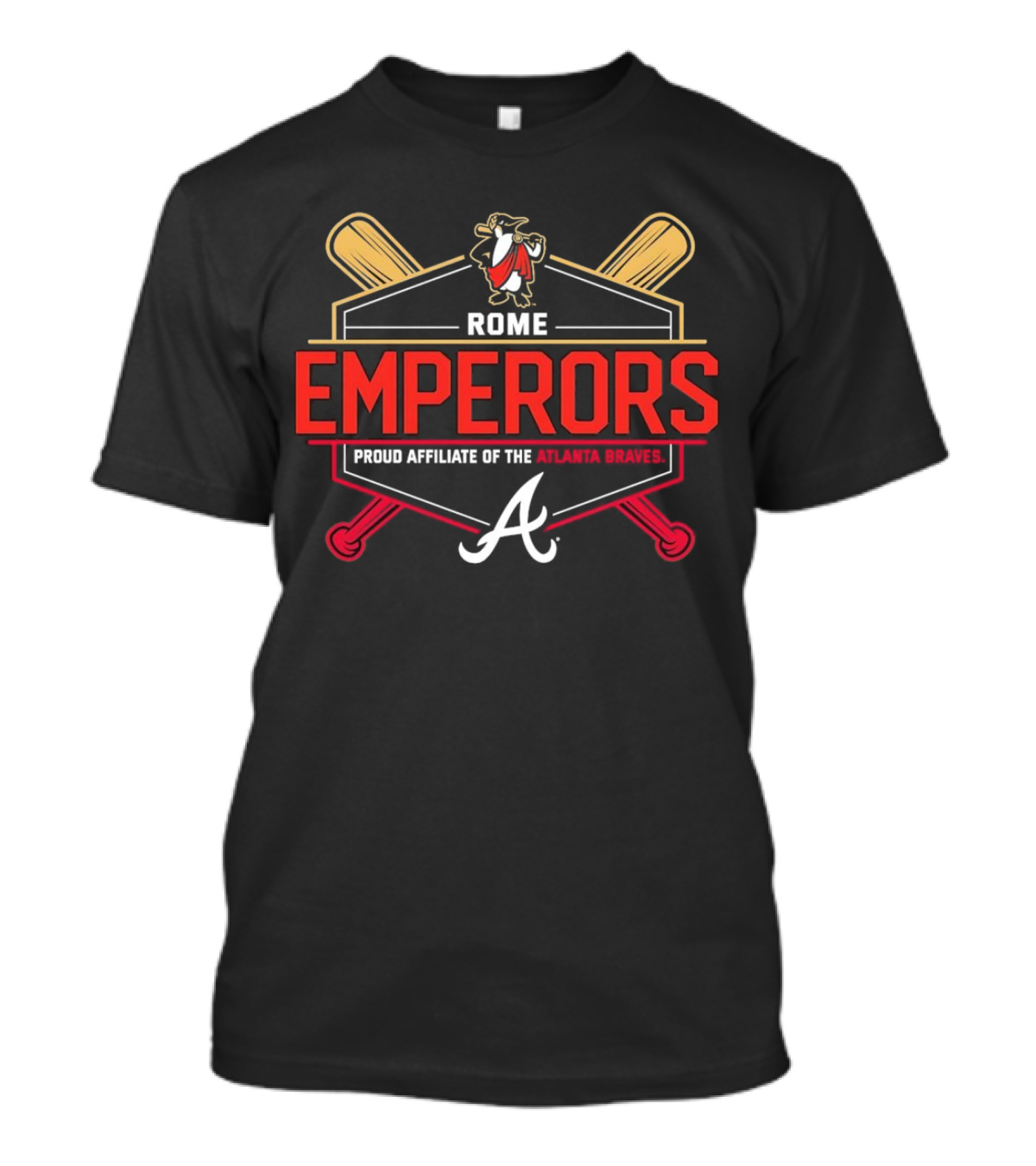 Rome Emperors Proud Affiliate Of The Atlanta Braves Logo With Crossed Bats And Mascot T-Shirt