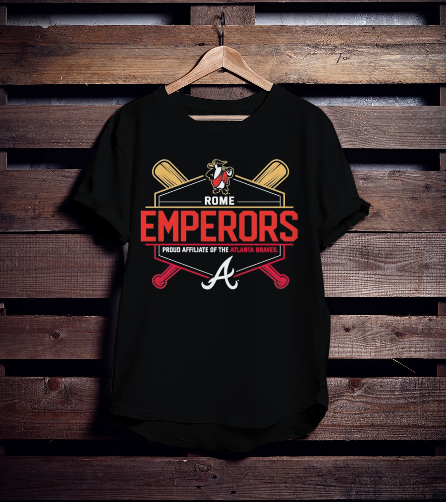 Rome Emperors Proud Affiliate Of The Atlanta Braves Logo With Crossed Bats And Mascot T-Shirt