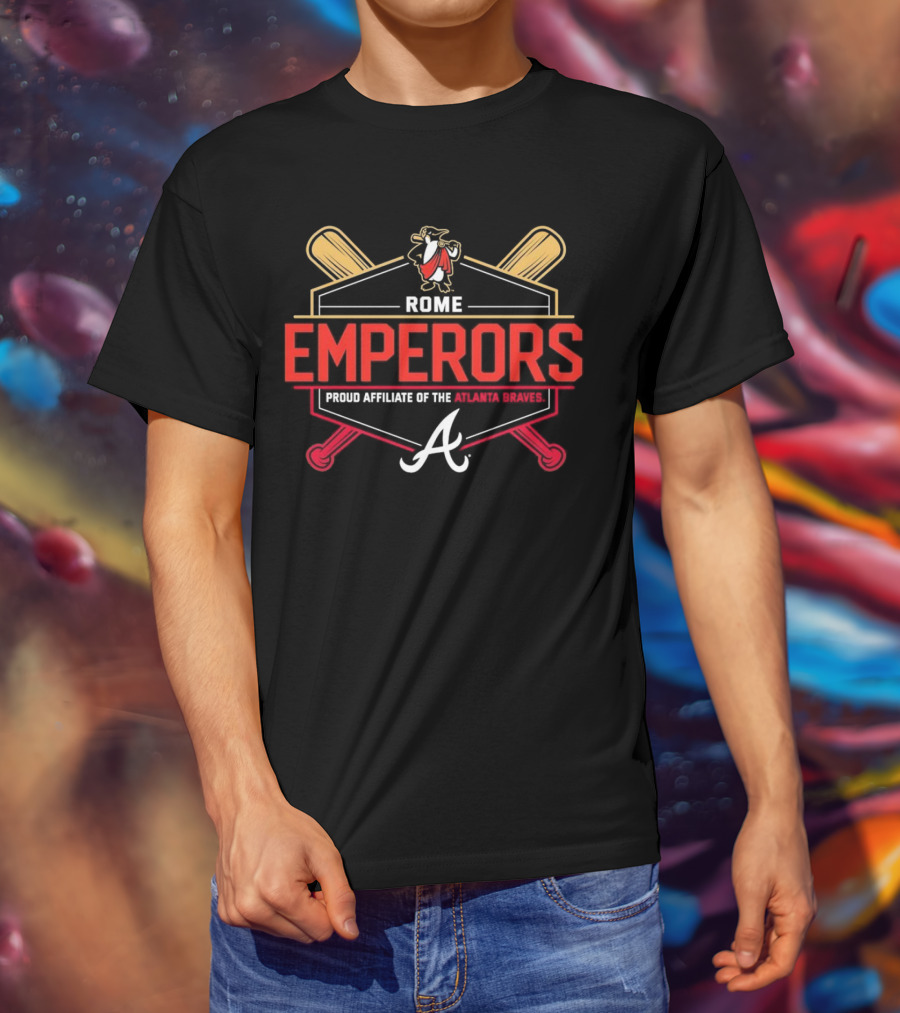 Rome Emperors Proud Affiliate Of The Atlanta Braves Logo With Crossed Bats And Mascot T-Shirt
