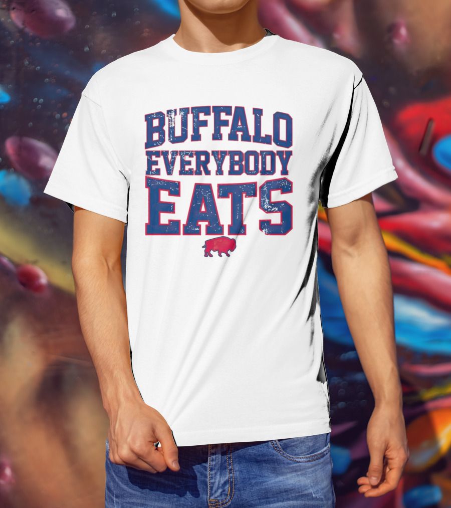 Buffalo Everybody Eats Red Bison Icon Bold Blue Letters T-Shirt