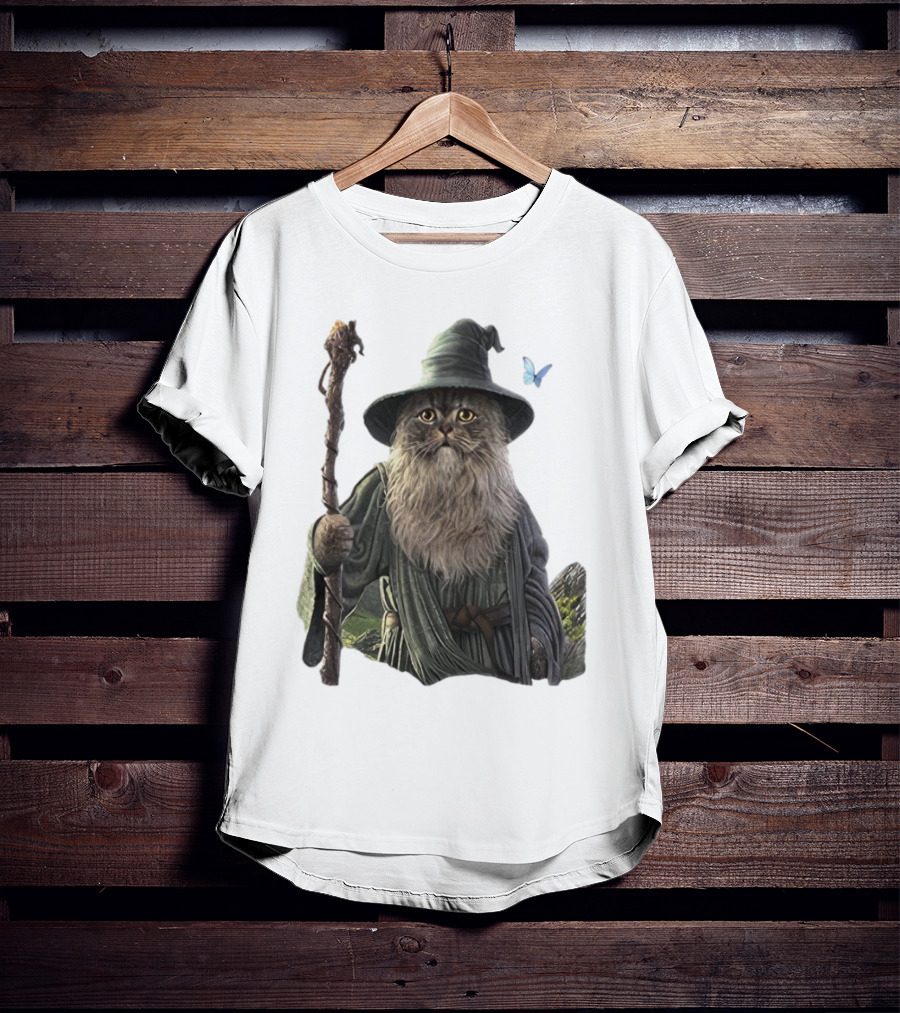 Cat The Mountain Wizard Catdalf Cat With Staff And Hat T-Shirt