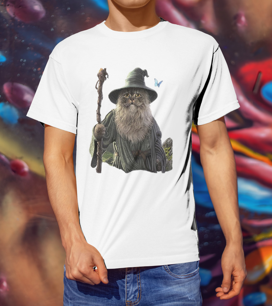 Cat The Mountain Wizard Catdalf Cat With Staff And Hat T-Shirt