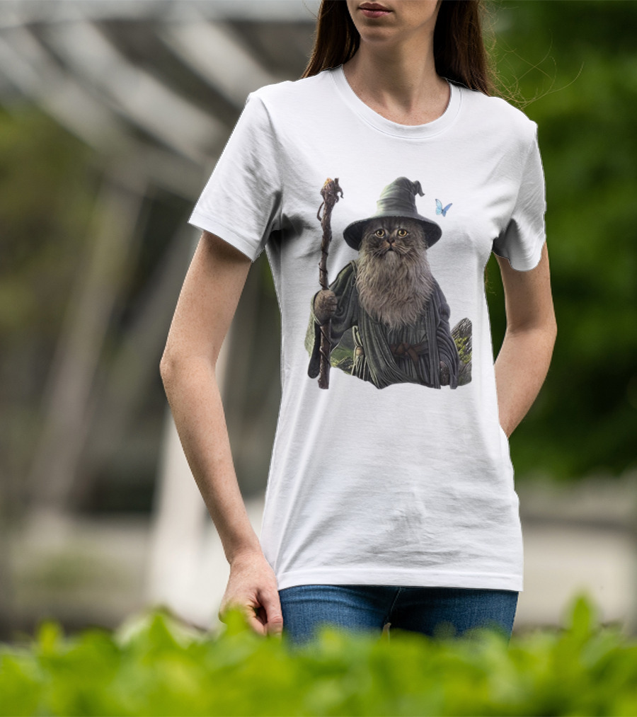 Cat The Mountain Wizard Catdalf Cat With Staff And Hat T-Shirt