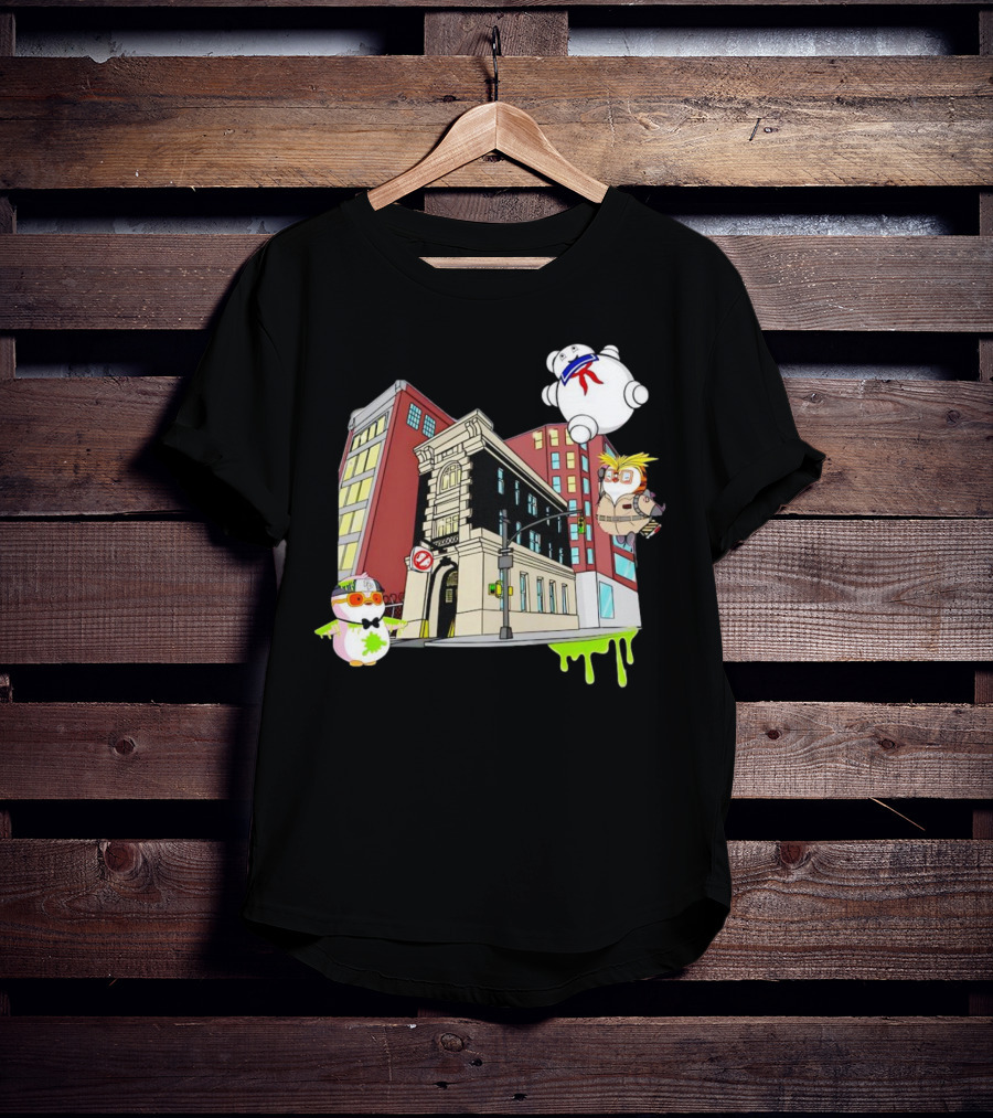 Stay Puft Marshmallow Man Pudgy Penguins Ghostbusters Firehouse Scene T-Shirt