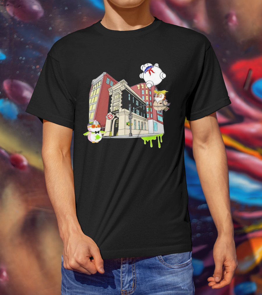 Stay Puft Marshmallow Man Pudgy Penguins Ghostbusters Firehouse Scene T-Shirt