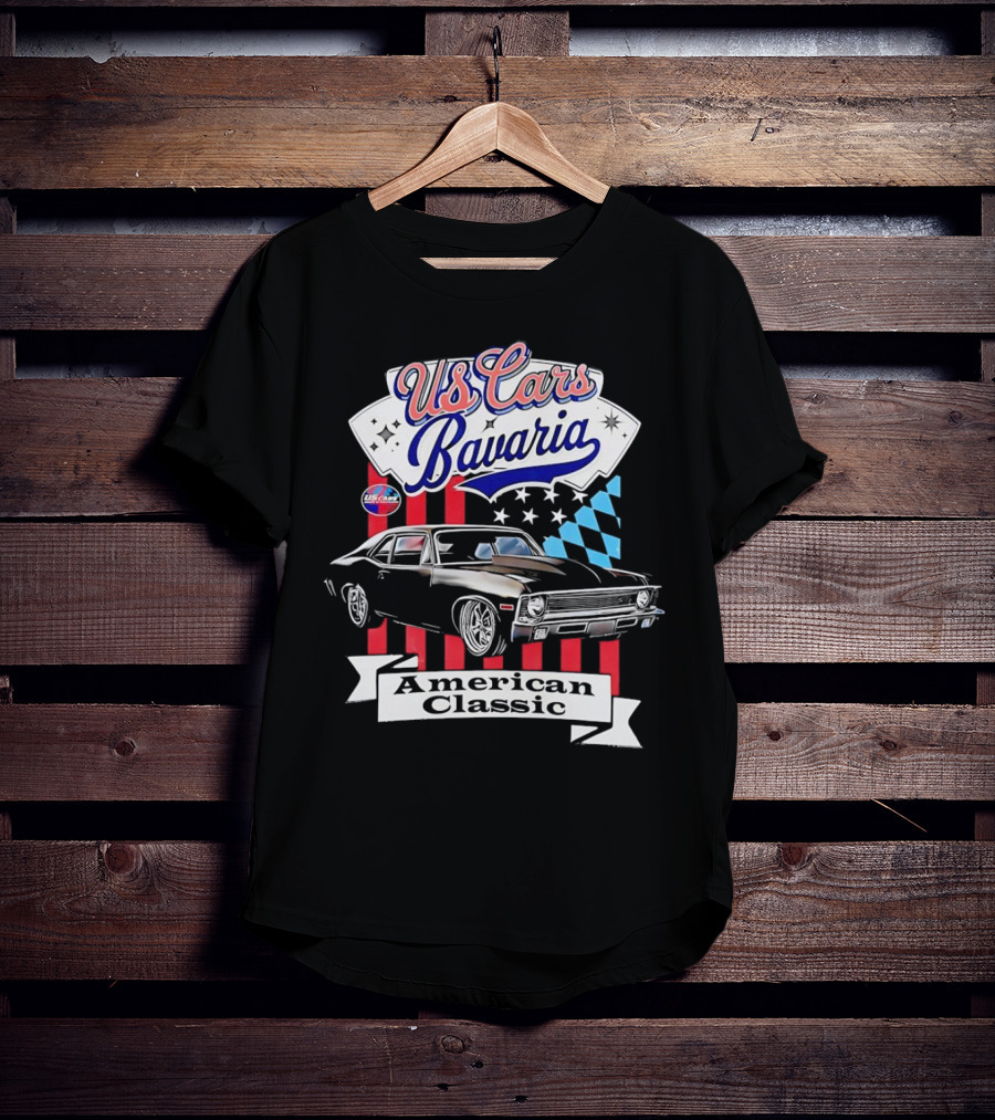 US Cars Bavaria American Classic With Black Muscle Car And Checkered Flags T-Shirt
