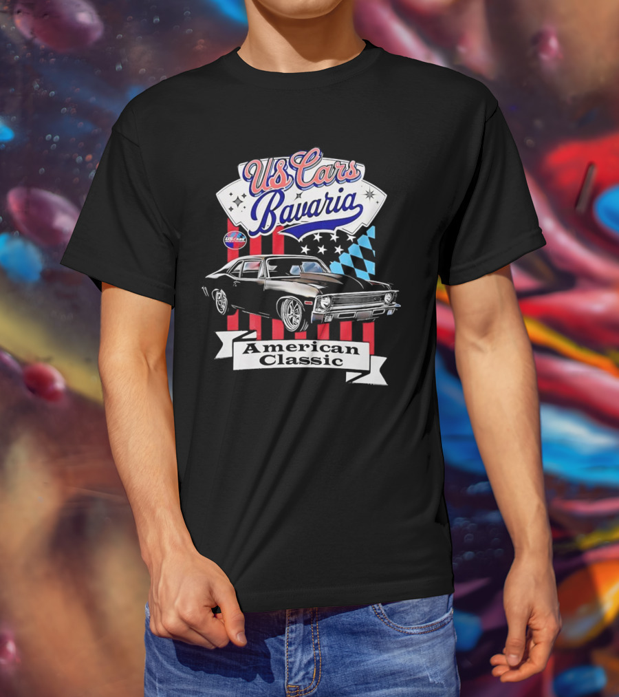 US Cars Bavaria American Classic With Black Muscle Car And Checkered Flags T-Shirt