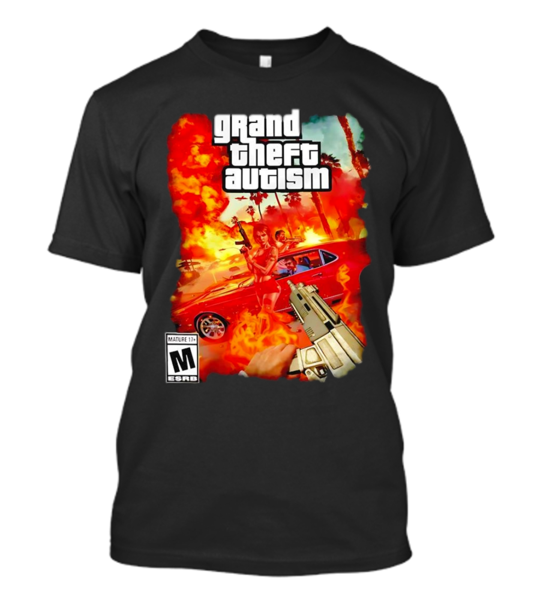 Grand Theft Autism Video Game Cover Parody With Car And Weapon T-Shirt