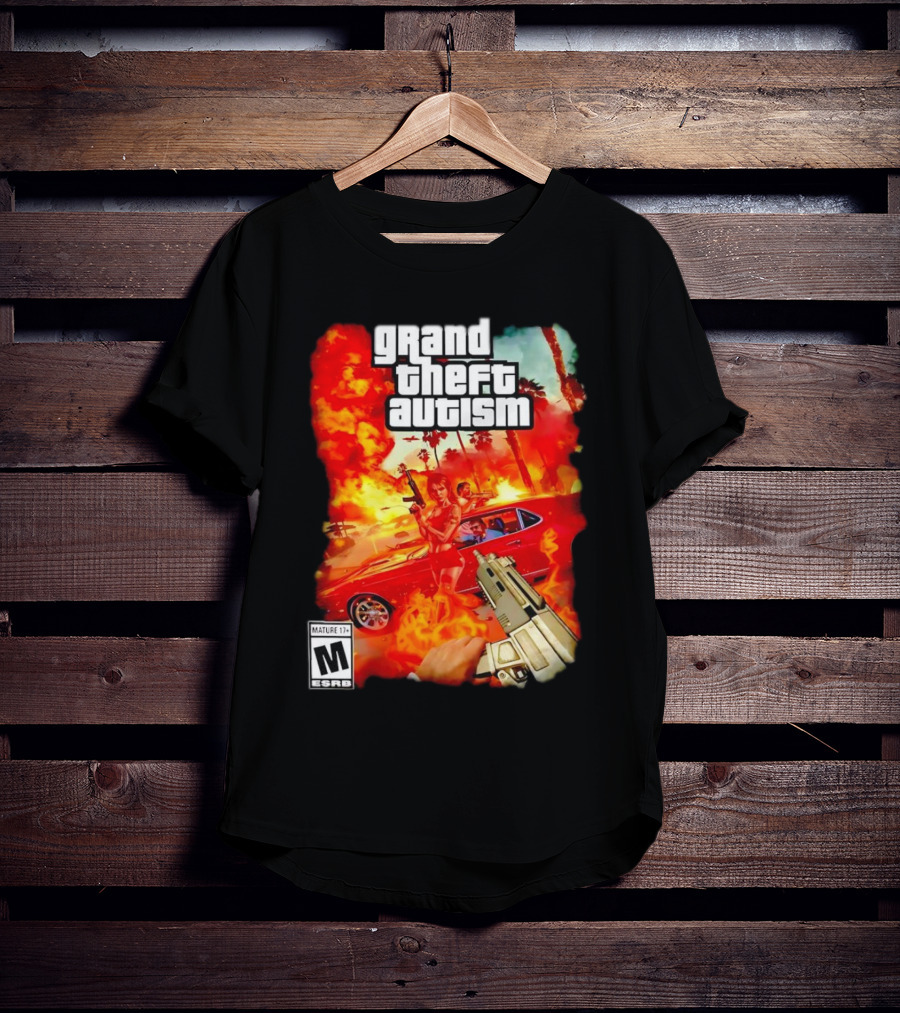 Grand Theft Autism Video Game Cover Parody With Car And Weapon T-Shirt