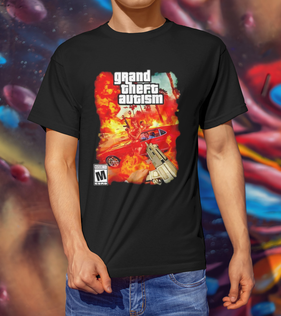 Grand Theft Autism Video Game Cover Parody With Car And Weapon T-Shirt