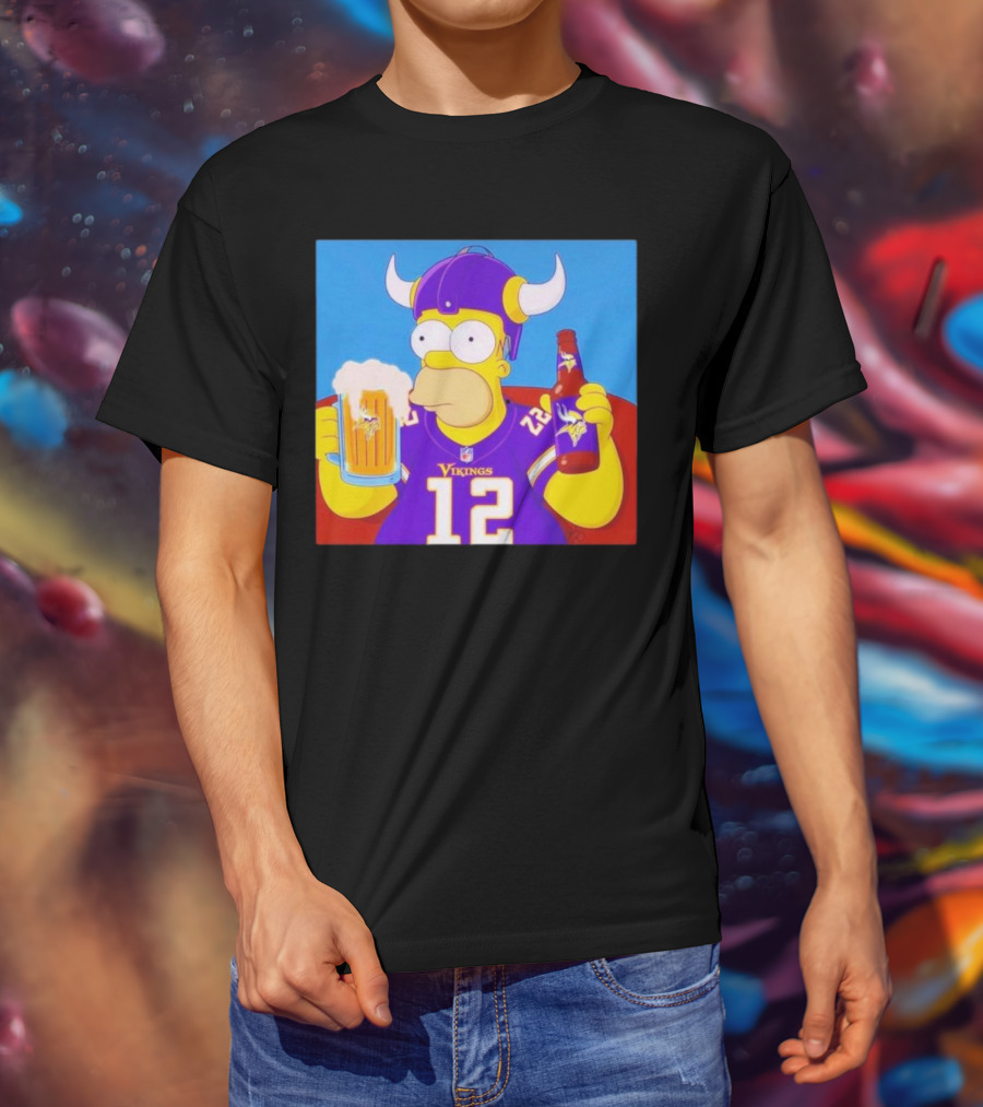 Homer Simpson In Minnesota Vikings Gear Drinking Beer T-Shirt