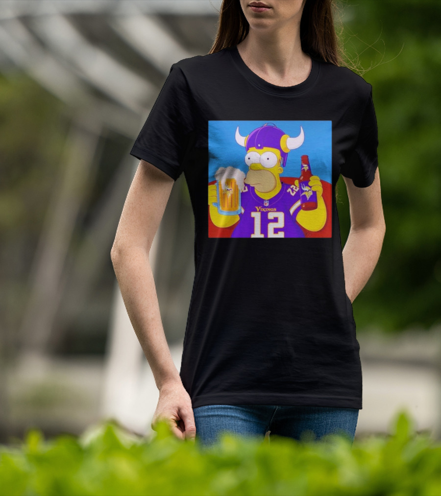 Homer Simpson In Minnesota Vikings Gear Drinking Beer T-Shirt