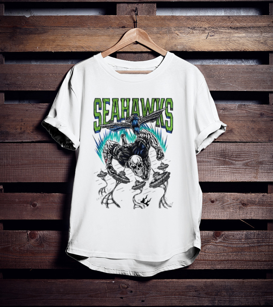 Seattle Seahawks Skeleton With Winged Bird And Blue Flames T-Shirt