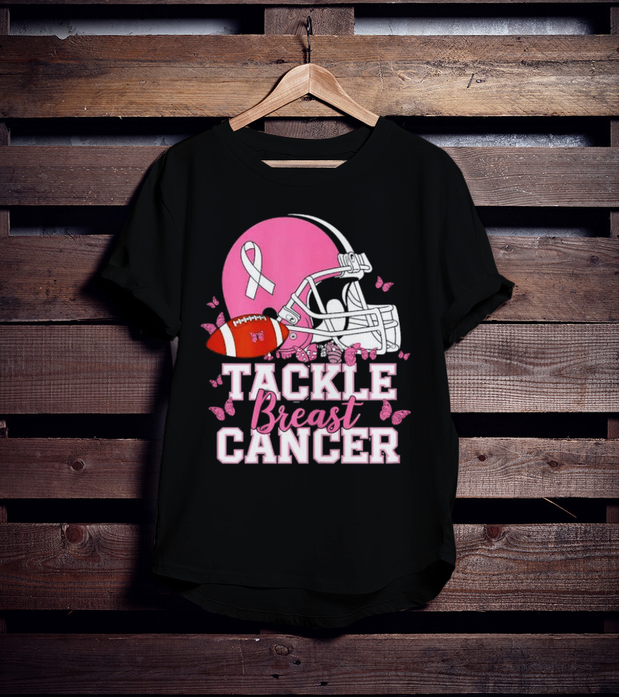 Tackle Breast Cancer Awareness Pink Football Helmet Ribbon Butterflies T-Shirt