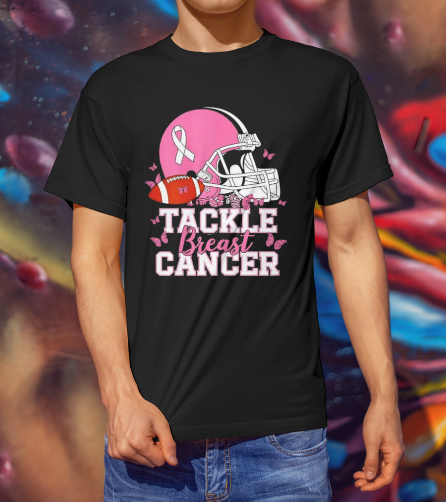 Tackle Breast Cancer Awareness Pink Football Helmet Ribbon Butterflies T-Shirt