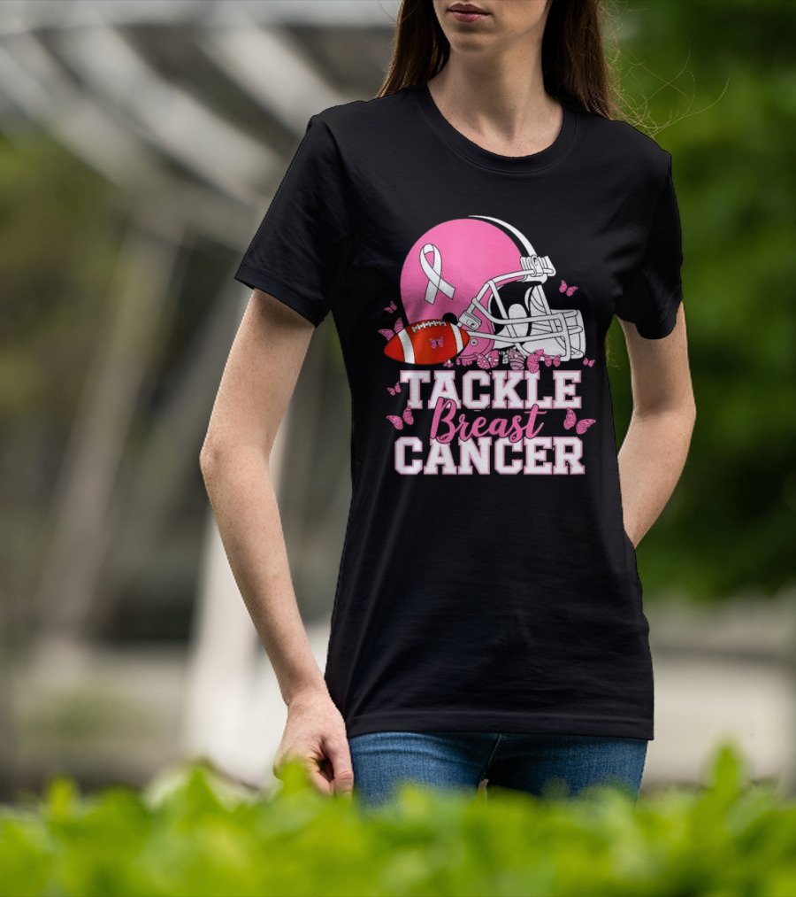 Tackle Breast Cancer Awareness Pink Football Helmet Ribbon Butterflies T-Shirt