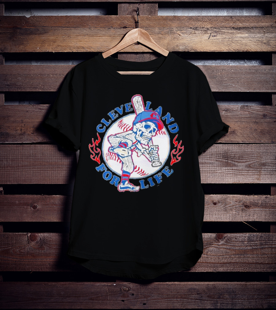 Cleveland Guardians For Life Skeleton Baseball Player Flames T-Shirt