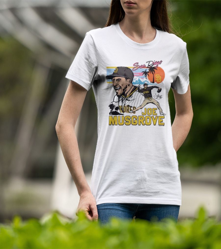 Joe Musgrove San Diego Padres Sunset Palm Trees Signature Caricature T-Shirt