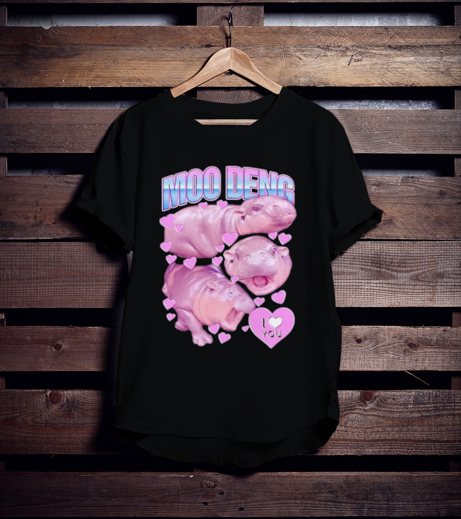 Moo Deng I Love You Pink Hippo Hearts T-Shirt