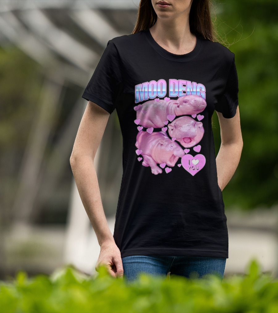 Moo Deng I Love You Pink Hippo Hearts T-Shirt