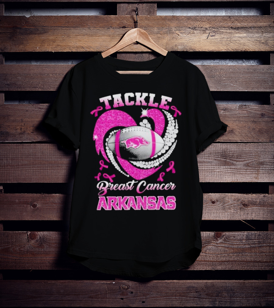 Arkansas Razorbacks Tackle Breast Cancer Pink Ribbon Heart Football T-Shirt