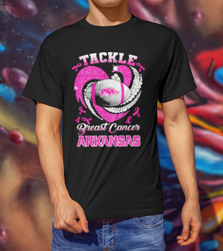 Arkansas Razorbacks Tackle Breast Cancer Pink Ribbon Heart Football T-Shirt