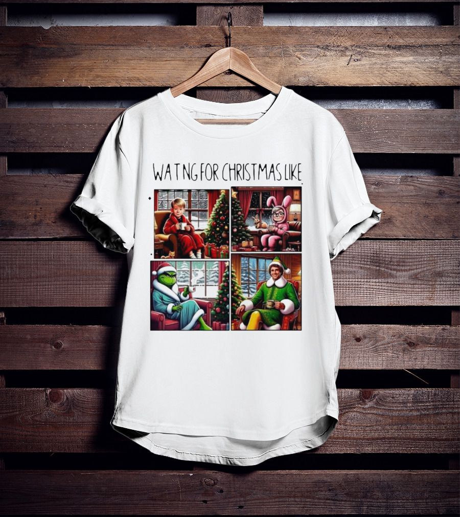 Waiting For Christmas Like Iconic Holiday Characters With Christmas Tree And Cozy Living Room Scene T-Shirt
