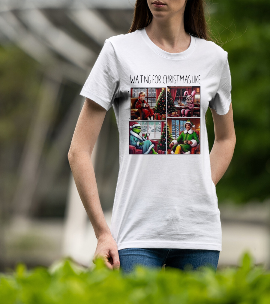 Waiting For Christmas Like Iconic Holiday Characters With Christmas Tree And Cozy Living Room Scene T-Shirt