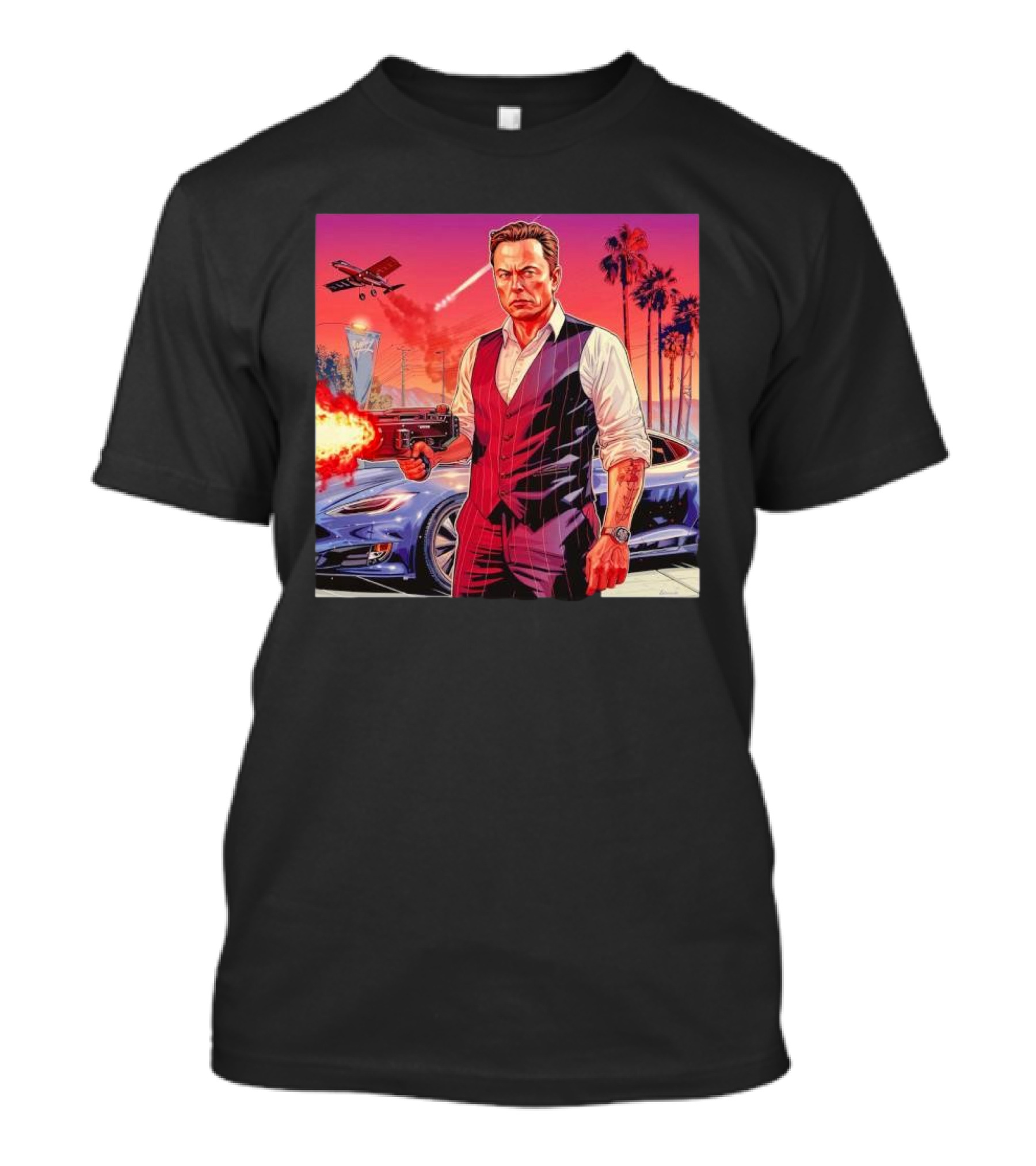 Grand Theft Auto Elon Musk Sunset Shootout With Palm Trees And Jetstream T-Shirt