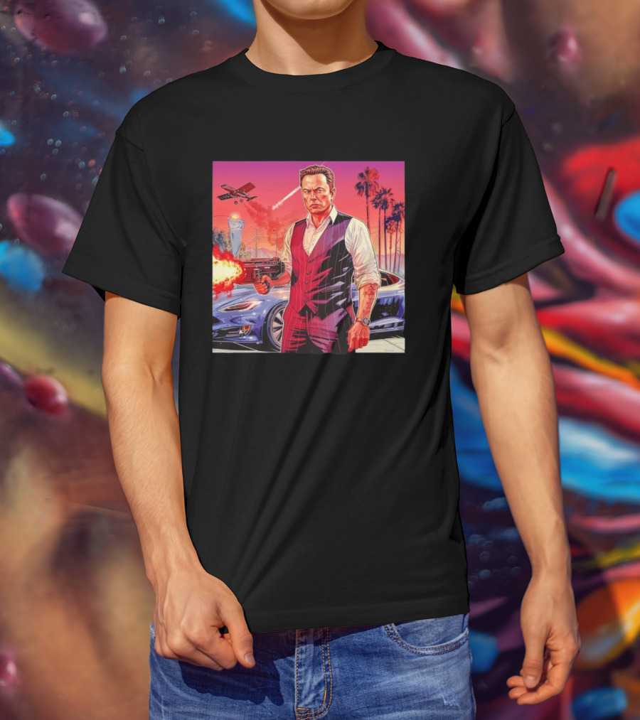 Grand Theft Auto Elon Musk Sunset Shootout With Palm Trees And Jetstream T-Shirt