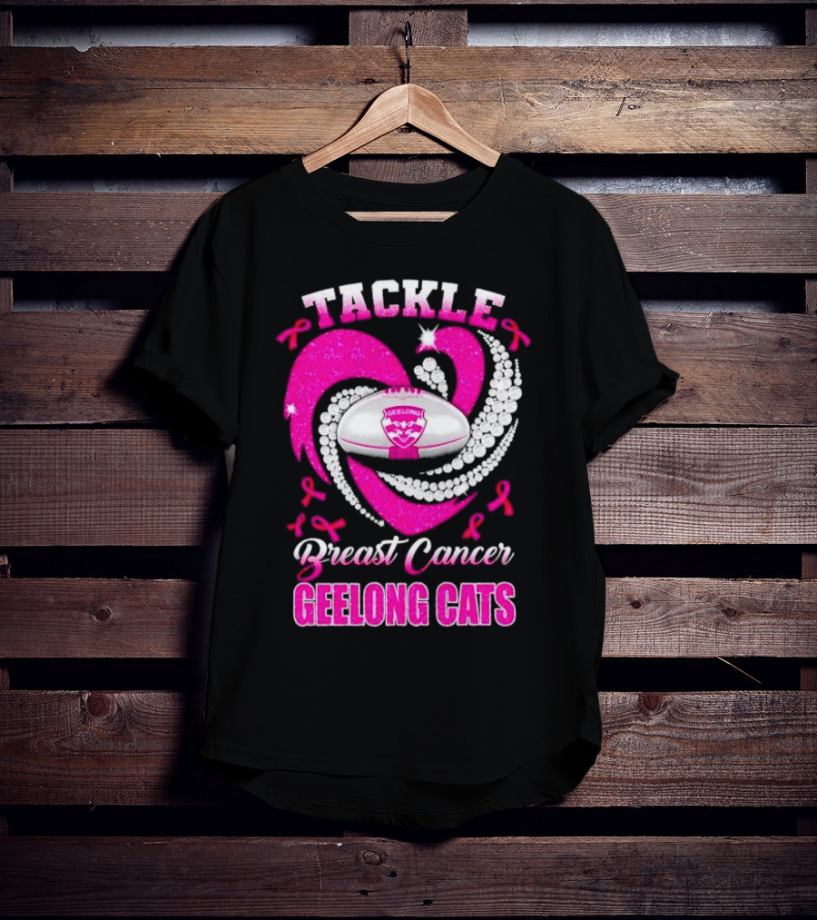 Tackle Breast Cancer Geelong Cats Pink Ribbon Football Heart T-Shirt
