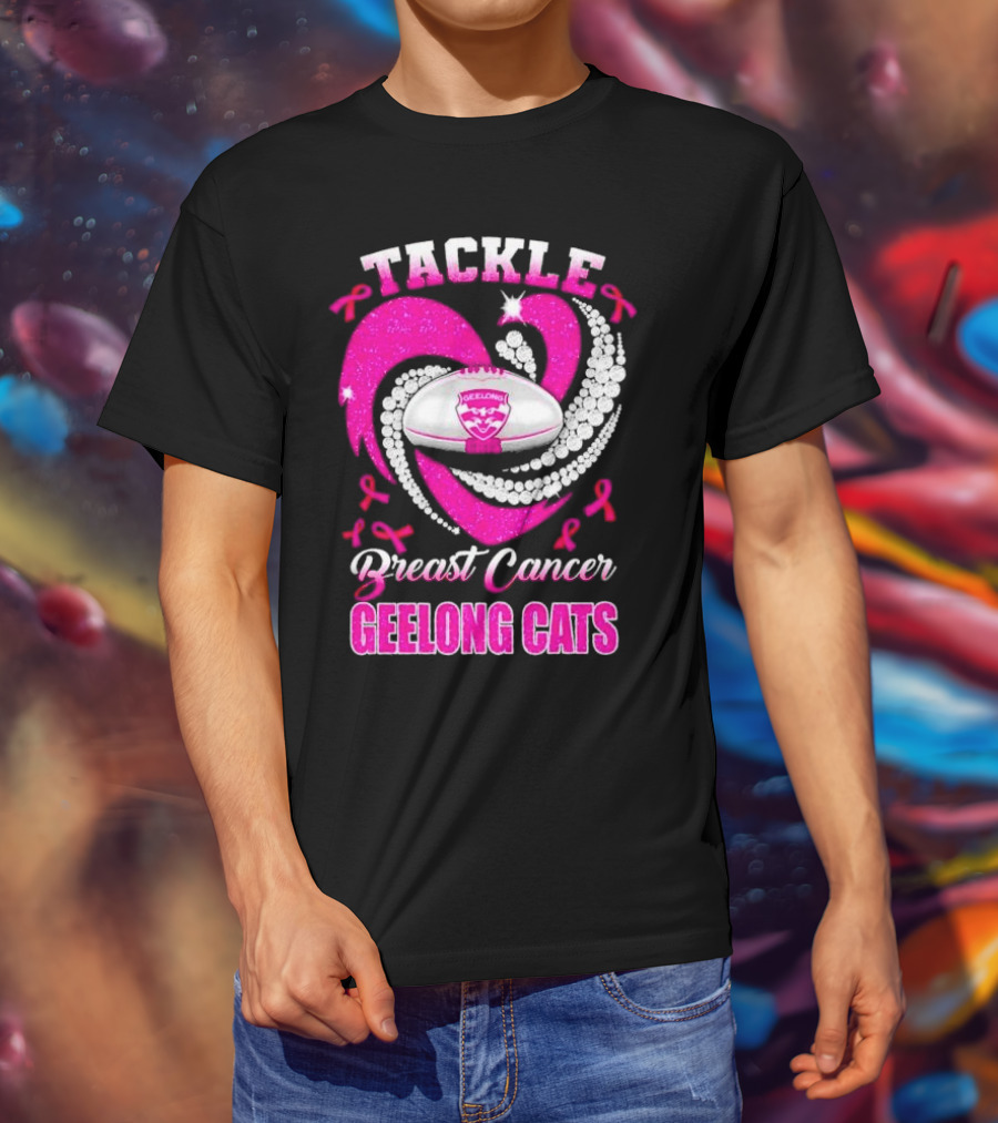 Tackle Breast Cancer Geelong Cats Pink Ribbon Football Heart T-Shirt