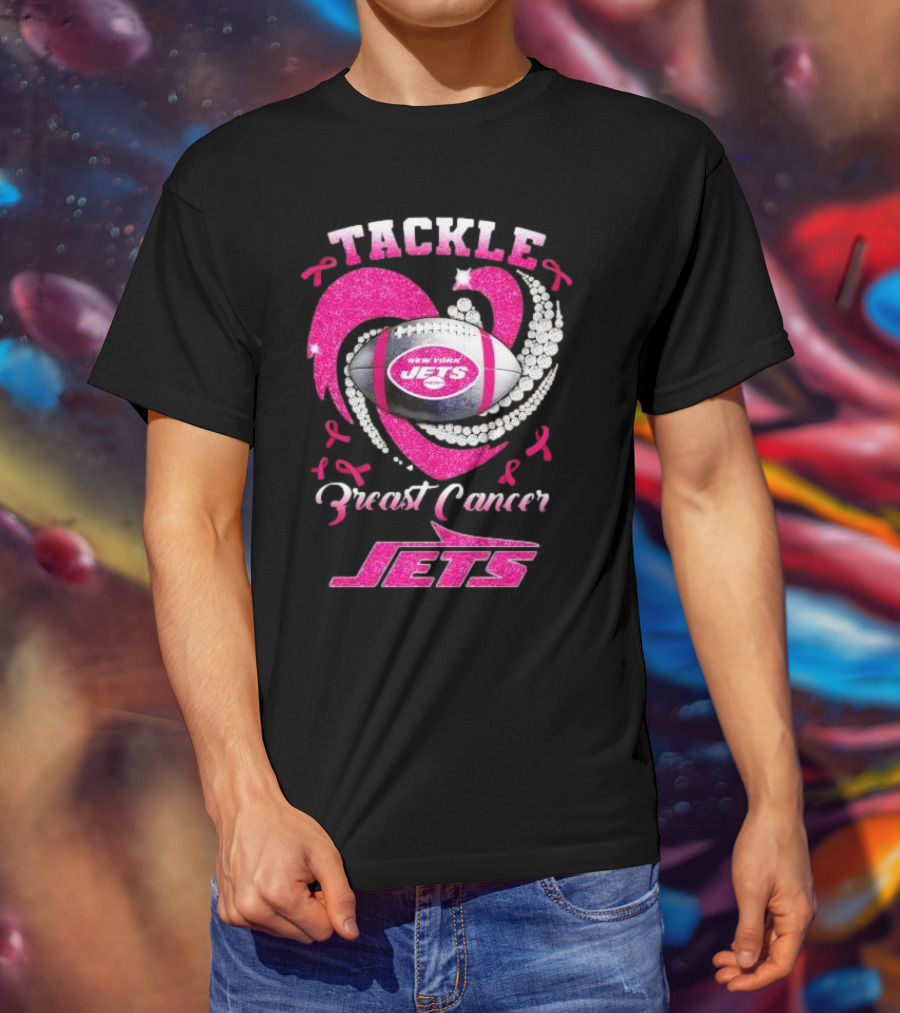 Tackle Breast Cancer New York Jets Football Heart Pink Ribbons T-Shirt