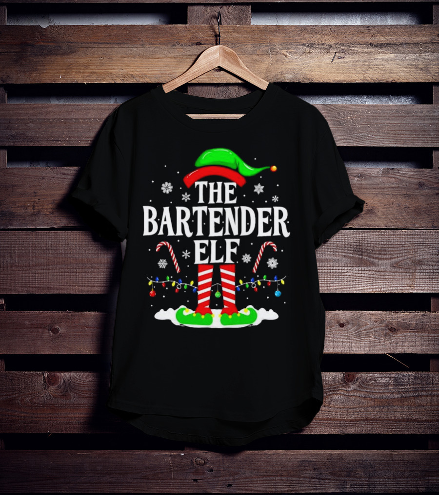 The Bartender Elf Christmas Candy Canes Festive Lights And Snowflakes T-Shirt