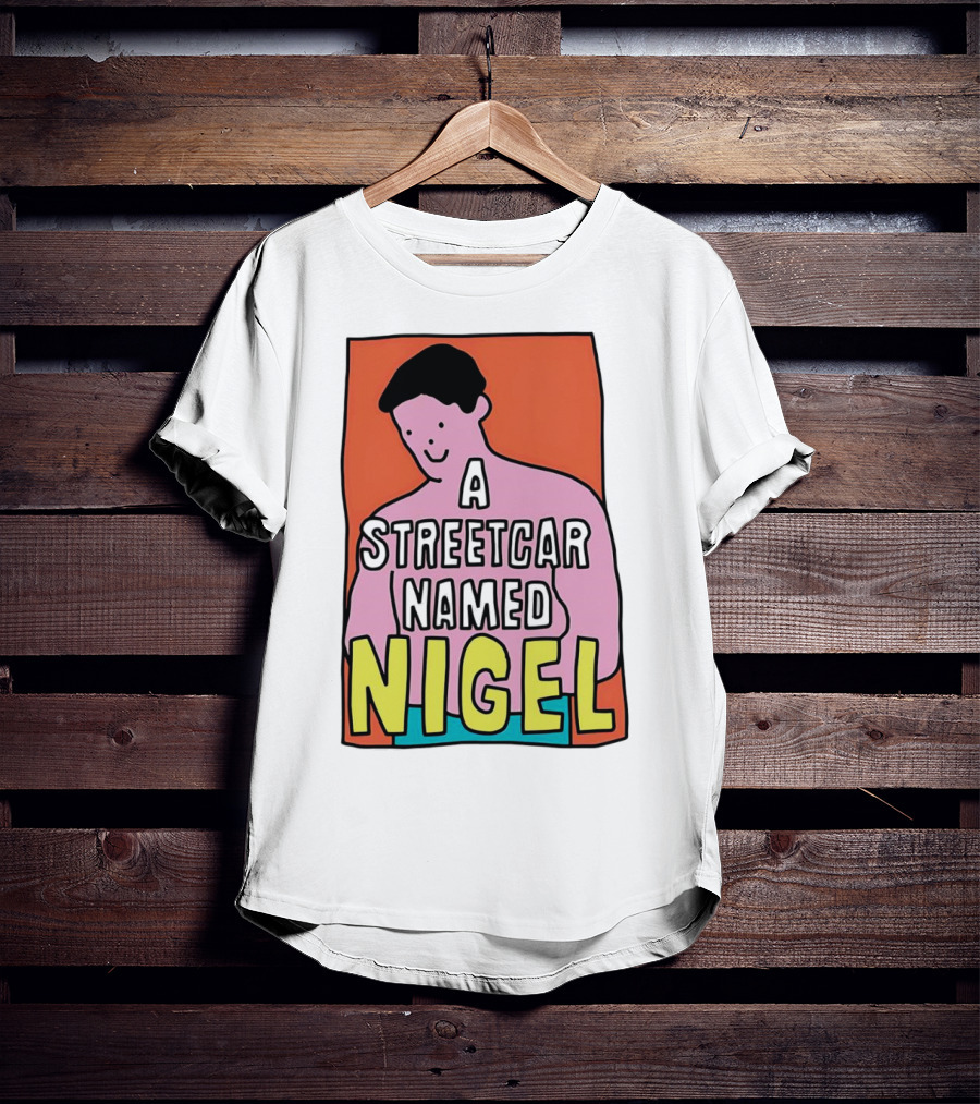 A Streetcar Named Nigel Pink Cartoon Character With Orange Background T-Shirt
