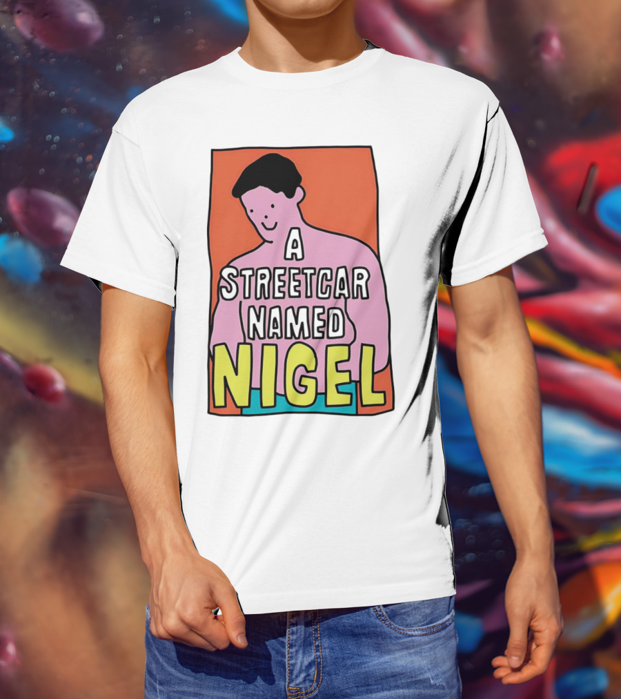 A Streetcar Named Nigel Pink Cartoon Character With Orange Background T-Shirt