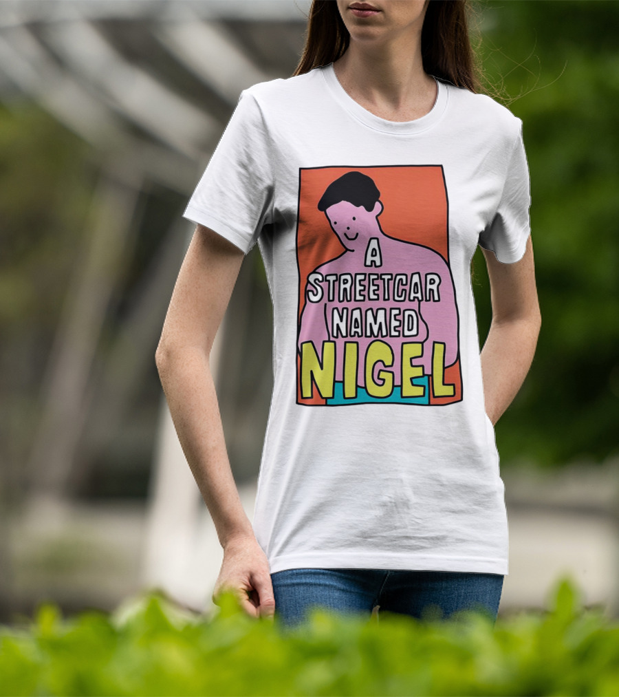 A Streetcar Named Nigel Pink Cartoon Character With Orange Background T-Shirt