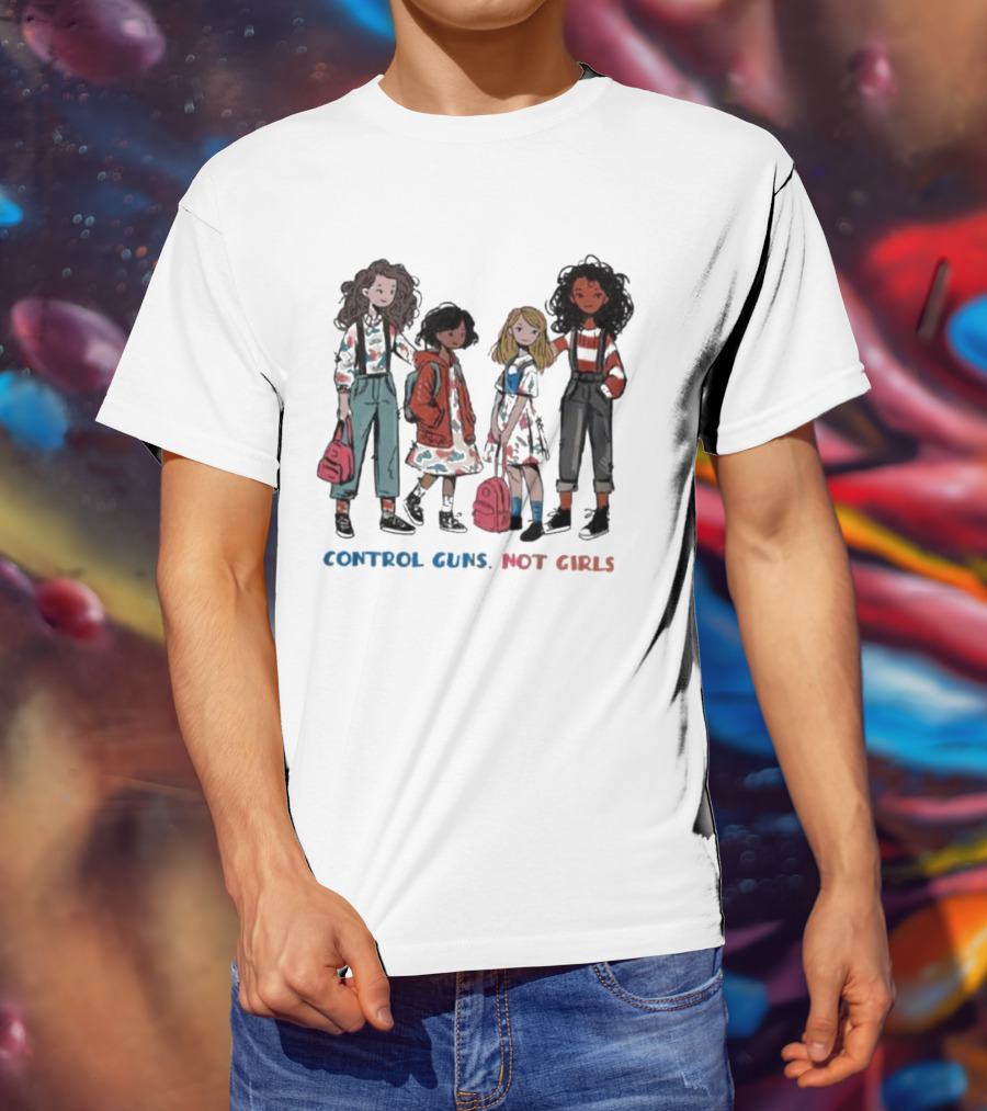CONTROL GUNS NOT GIRLS WITH FOUR DIVERSE GIRLS HOLDING BACKPACKS T-Shirt