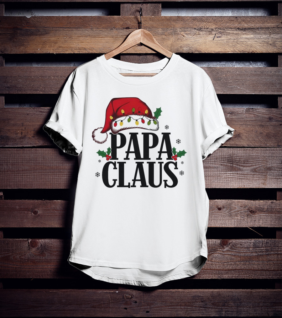 Papa Claus Christmas Santa Hat Holly Lights Snowflakes T-Shirt