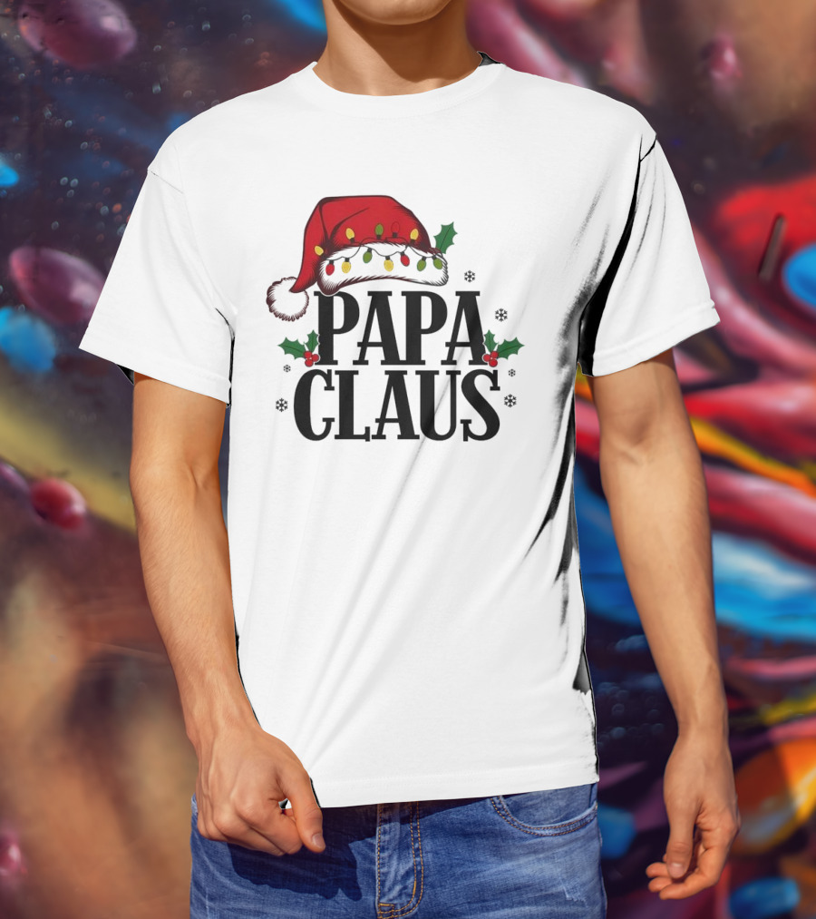 Papa Claus Christmas Santa Hat Holly Lights Snowflakes T-Shirt